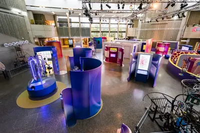 Aluminum tubular structure custom printed stretch fabric graphics produced by IAC for Ontario Science Centre