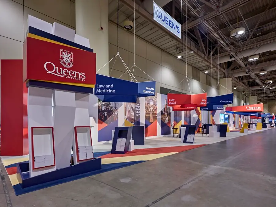 Aluminum tubular structure custom printed stretch fabric graphics produced by IAC for Holman | Queenʼs University