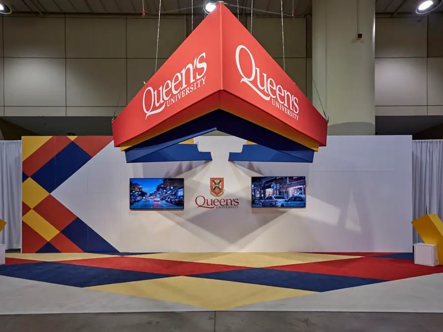 Aluminum tubular structure custom printed stretch fabric graphics produced by IAC for Holman | Queenʼs University