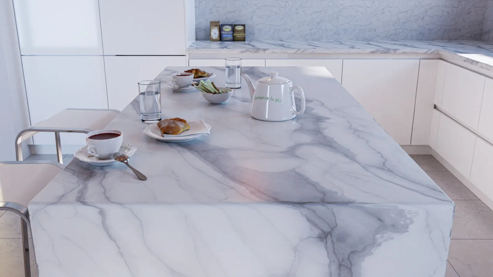Faux marble finish in high-gloss adhesive vinyl — produced by IAC, Toronto
